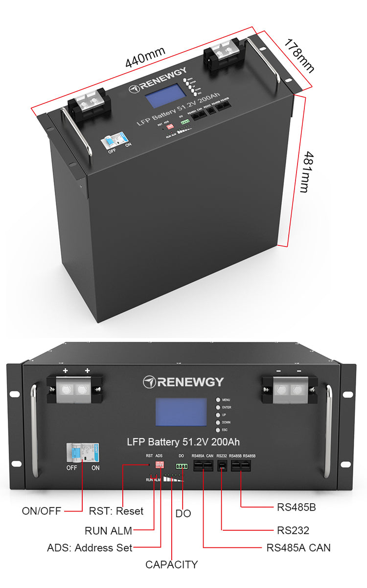 Modular LiFePO4 Battery 51.2V 200Ah with LCD Display for Solar Energy Storage Solution